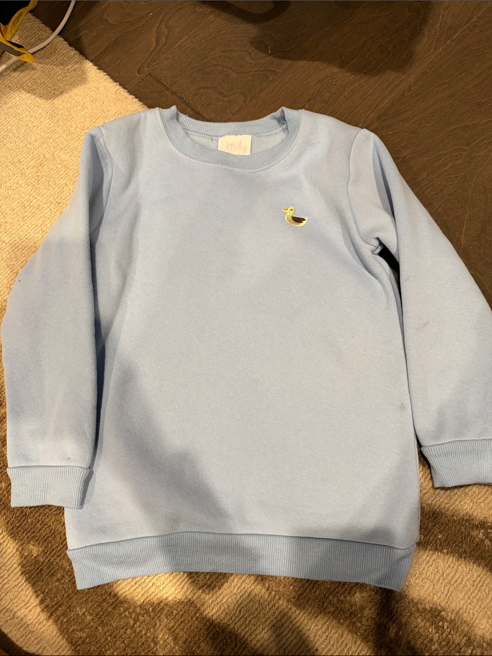 Stitchy Fish Light Blue Kids Crewneck Sweatshirt with Duck Embroidery